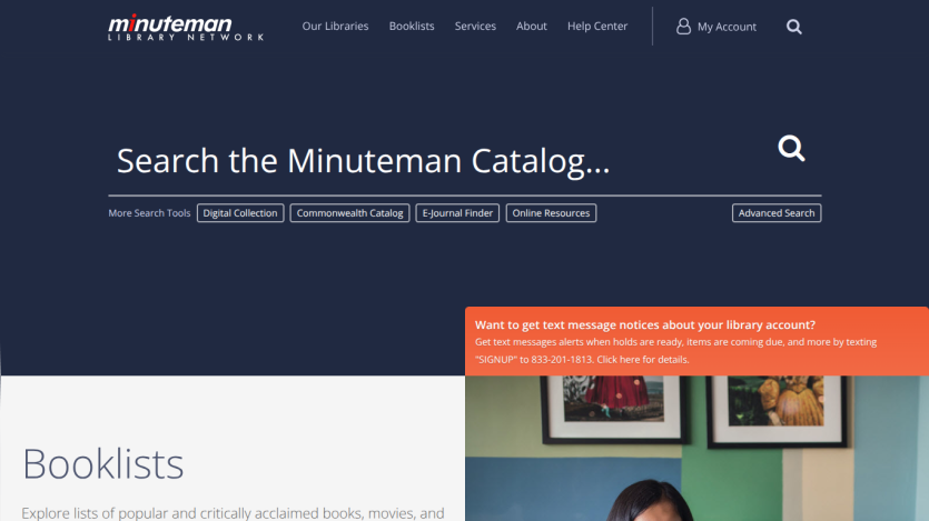 Minuteman Library Network catalog search page with search bar and navigation menu