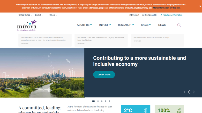 Mirova website with navigation, sustainability news, and hero section promoting a sustainable and inclusive economy