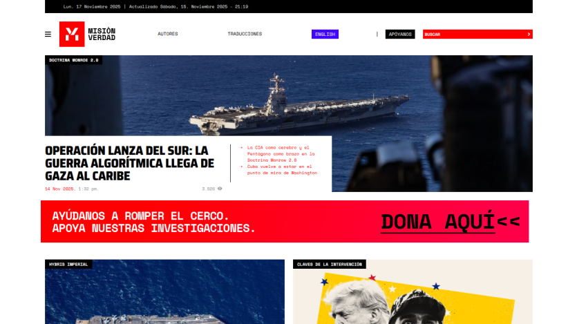 News site Misión Verdad with headline on algorithmic war from Gaza to Caribbean and donation call