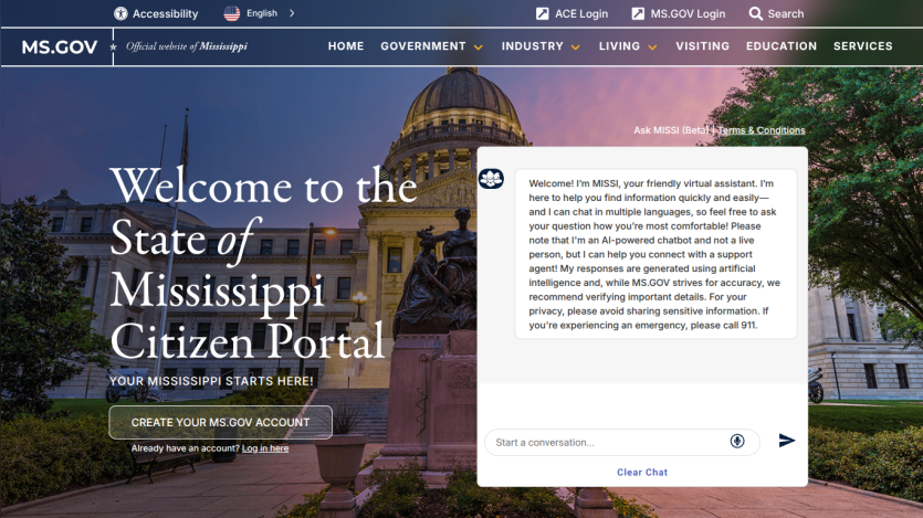 Mississippi state government portal homepage with welcome message, navigation menu, and virtual assistant chatbot