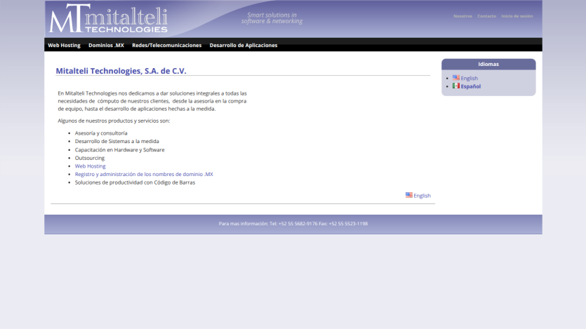 Mitalteli Technologies homepage offering software and networking solutions with service list and language options