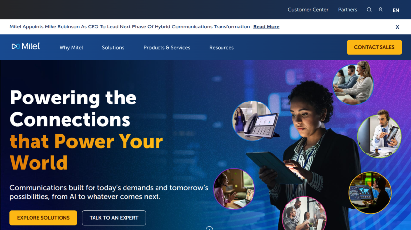 Homepage featuring a tagline about powering connections with visuals of diverse professionals.