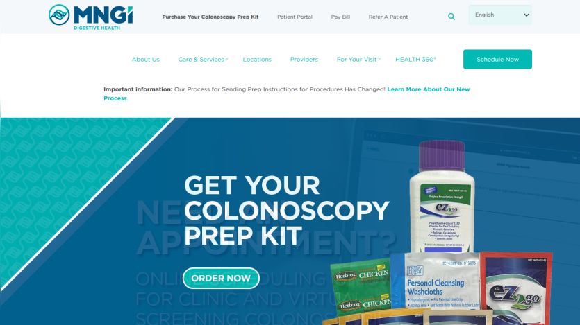 MNGI Digestive Health homepage with appointment scheduling info and navigation links