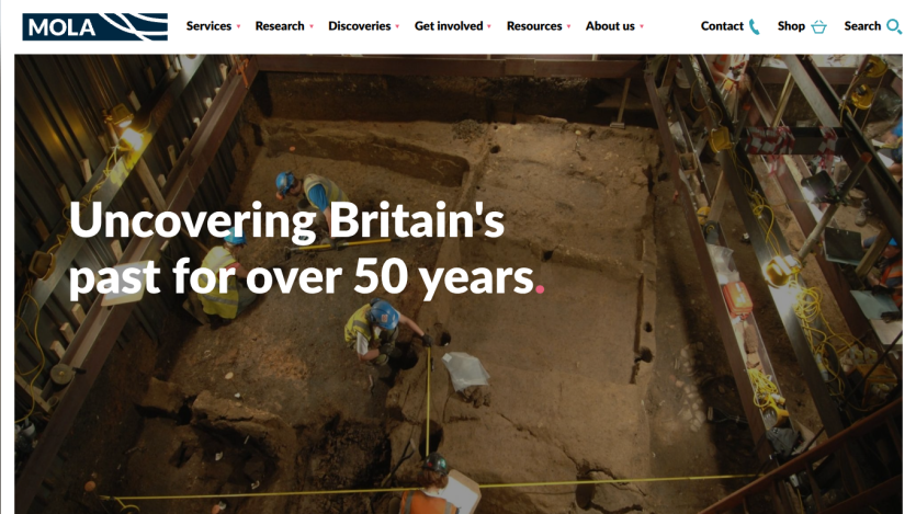 Archaeological excavation site with workers and text about uncovering Britain's past for over 50 years