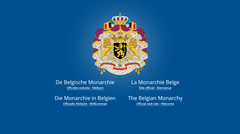 Blue background with the Belgian Monarchy coat of arms and text in four languages identifying the Belgian Monarchy