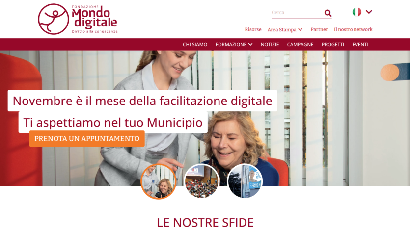 Fondazione Mondo Digitale website promoting digital facilitation month with appointment booking call to action