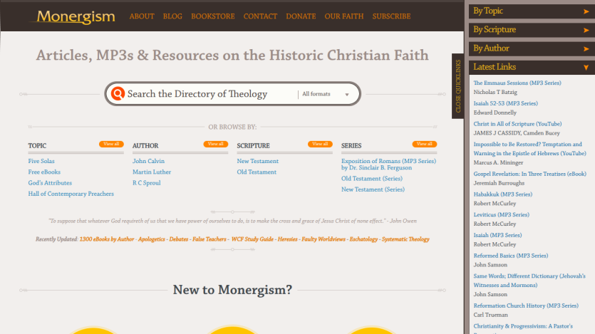 Homepage featuring articles and resources on the Christian faith with a search bar.