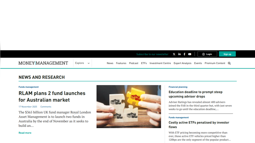Money Management news homepage featuring articles on Australian fund launches, education deadlines, and ETF investor flows