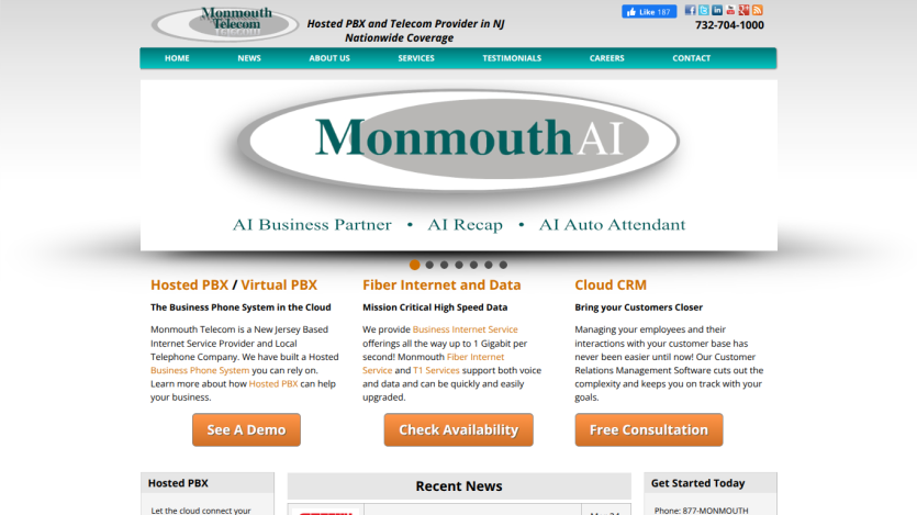 Monmouth AI website featuring services like Hosted PBX, Cloud CRM, and Internet/Data solutions.