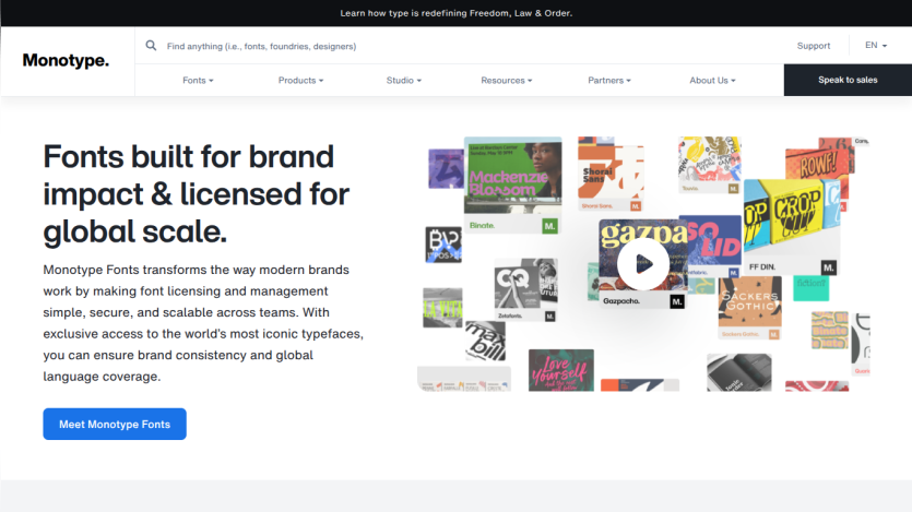 Homepage showcasing Monotype Fonts with a description and video play button.