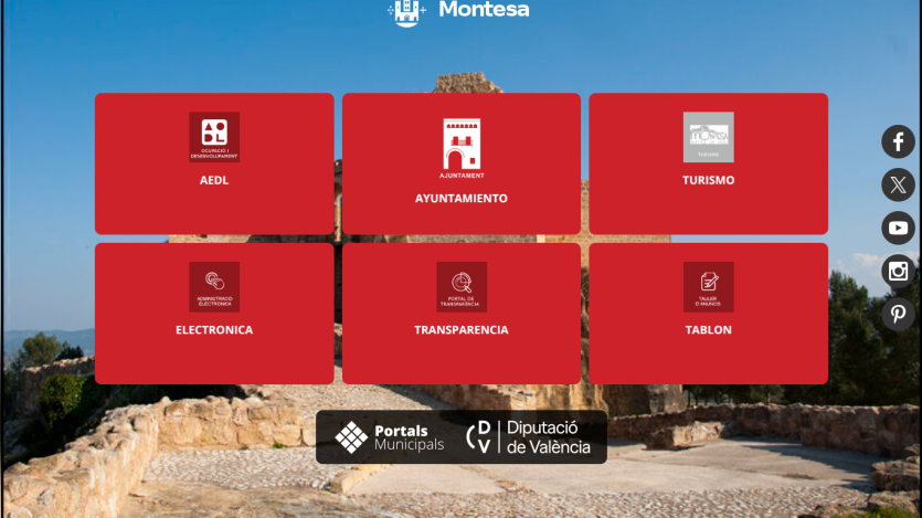 Montesa municipal portal with navigation tiles for AEDL, Ayuntamiento, Turismo, Electronica, Transparencia, and Tablon over a historic ruins background
