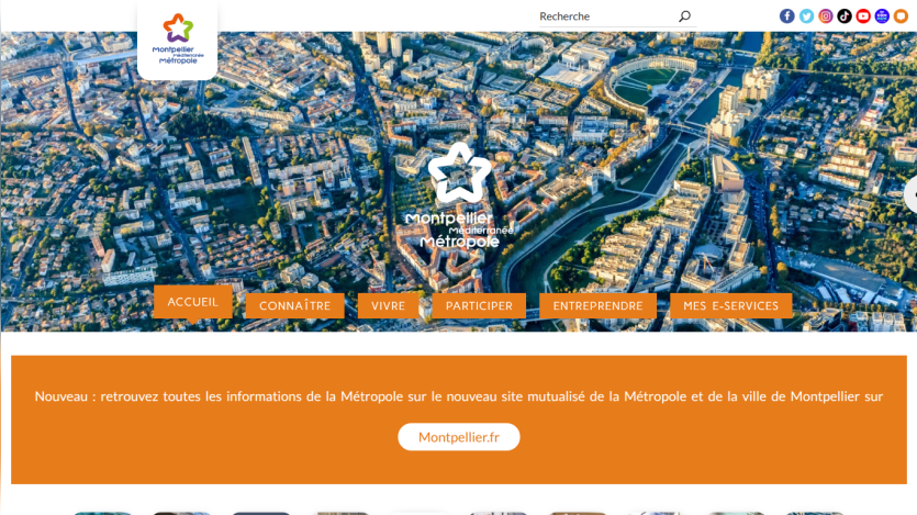 Website header with navigation links and a hero image of Montpellier cityscape.