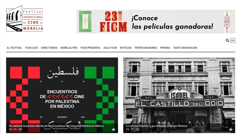Festival Internacional de Cine de Morelia website showing film events and historic cinema images