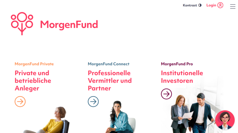 MorgenFund homepage offering investment options for private investors, professional partners, and institutional investors with login and contrast options.