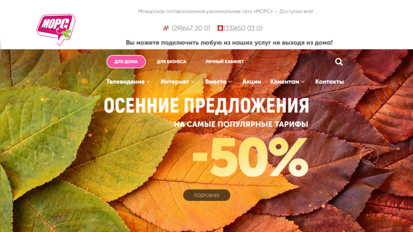 Autumn promotions with a 50% discount highlighted on a leaf background.