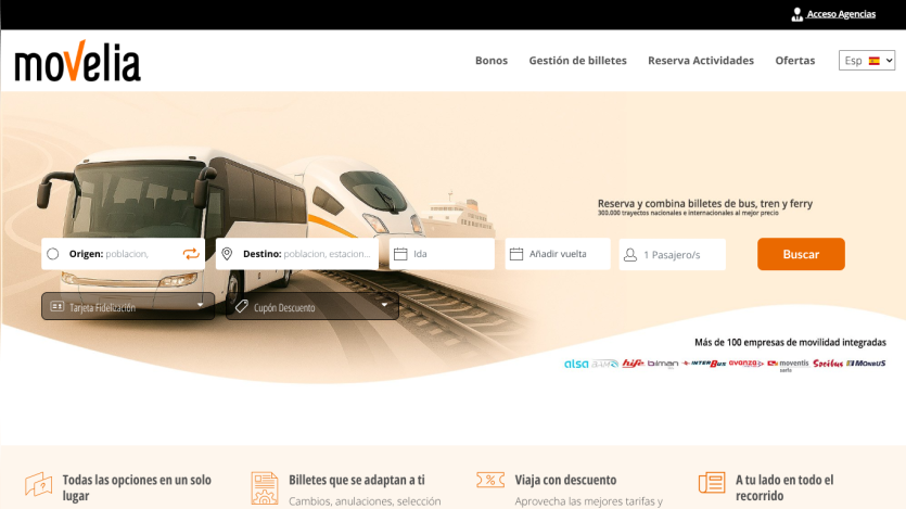 Movelia homepage with search form for bus and train tickets, featuring images of a bus and a train