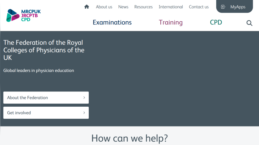 Federation of the Royal Colleges of Physicians of the UK homepage with navigation and options about the federation and involvement