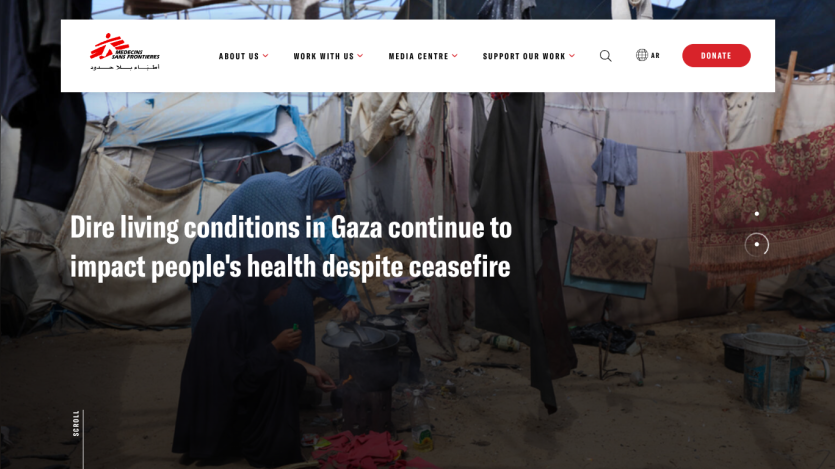 Medical humanitarian organization website highlighting health impacts in Gaza despite ceasefire with navigation and donate button