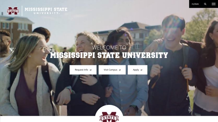 Welcome message for Mississippi State University with options to request info, visit campus, and apply.