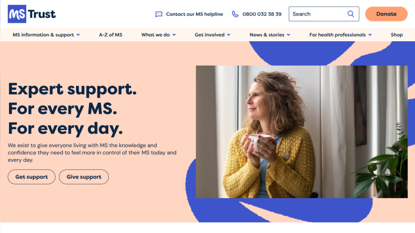 MS Trust homepage offering expert support for multiple sclerosis with options to get support or give support