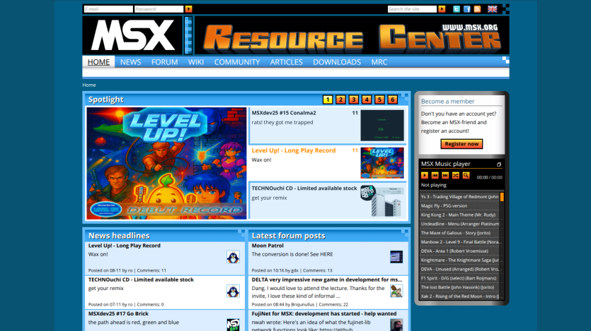 MSX Resource Center homepage with navigation, latest forum posts, and featured content about MSX games and resources