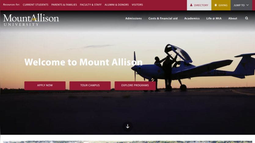Homepage of Mount Allison University featuring a welcome message and navigation options.
