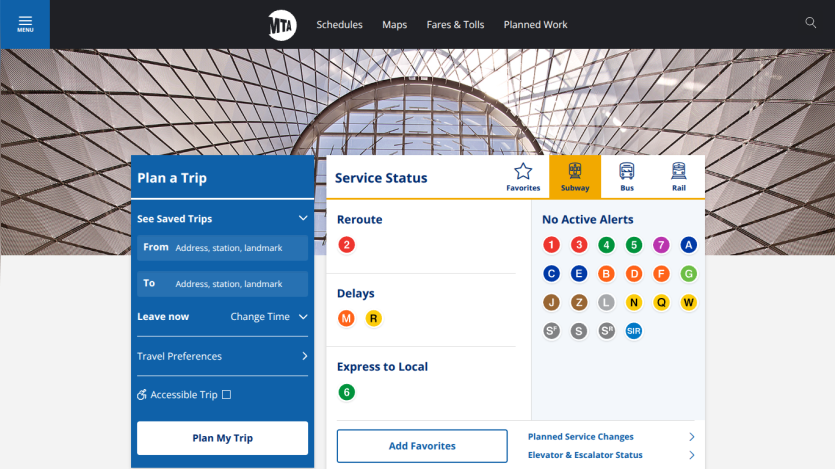 Trip planning section with service status indicators and options for travel details.