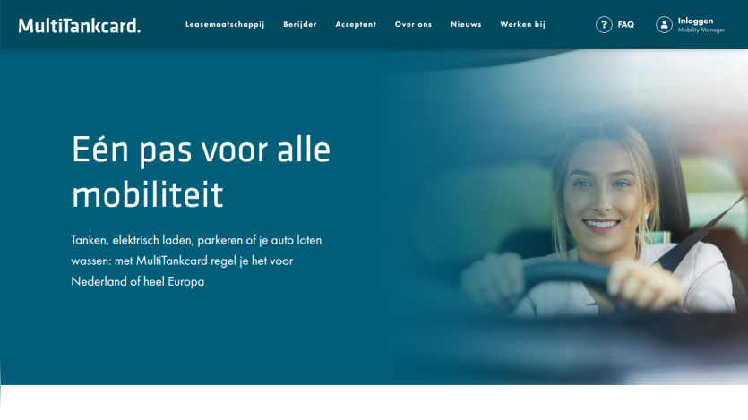 MultiTankcard homepage offering one card for all mobility needs across the Netherlands and Europe, with a smiling woman driving a car
