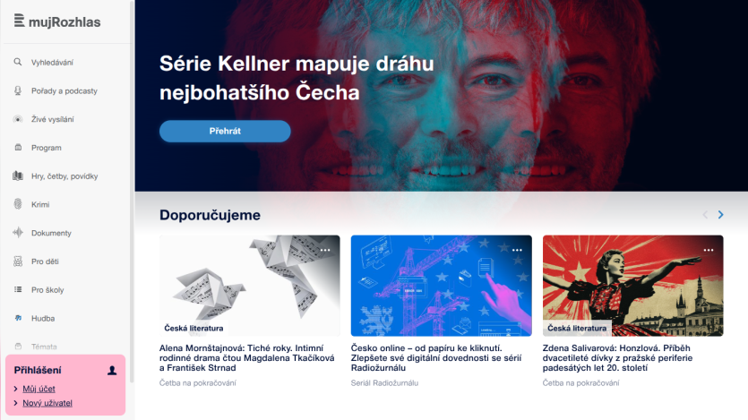 Homepage featuring articles and a prominent image of a person with a headline about the richest Czech.