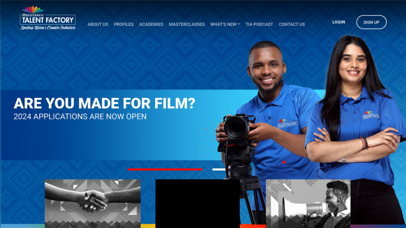 MultiChoice Talent Factory homepage with 2024 film applications open, showing two smiling people in blue shirts and navigation menu