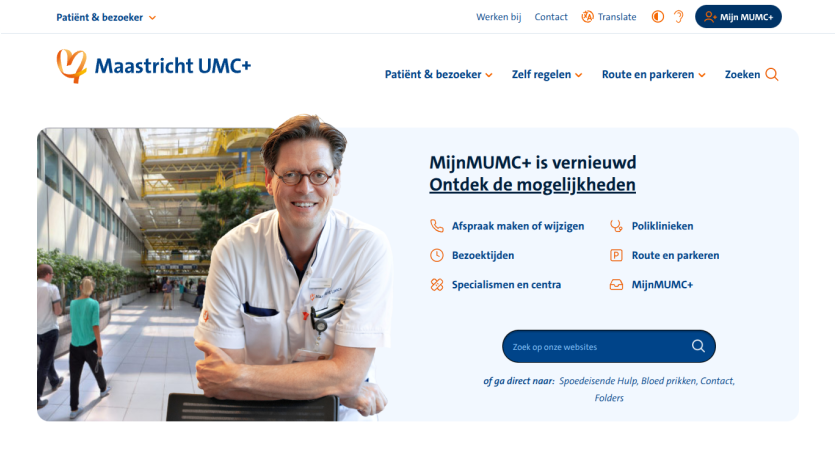 Maastricht UMC+ homepage featuring a doctor and links to services.