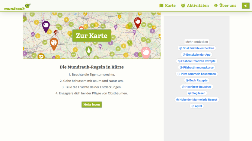 Website showing a map with location markers and a list of four Mundraub rules about property rights and nature care
