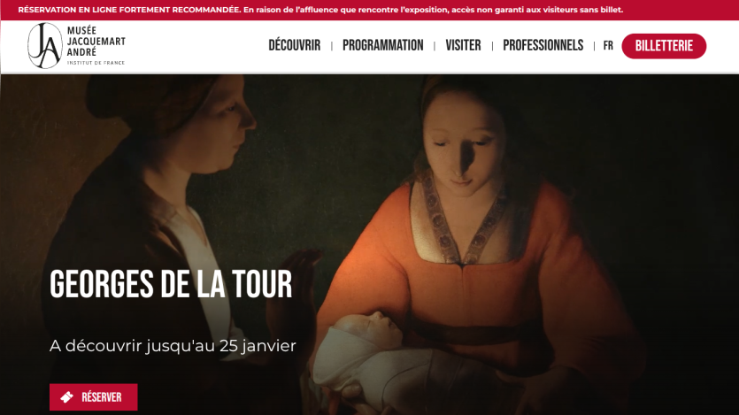 Musée Jacquemart André website featuring Georges de La Tour exhibition with reservation button