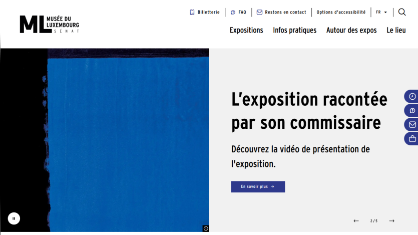 Musée du Luxembourg website showing an exhibition introduction with a video presentation link and navigation menu.