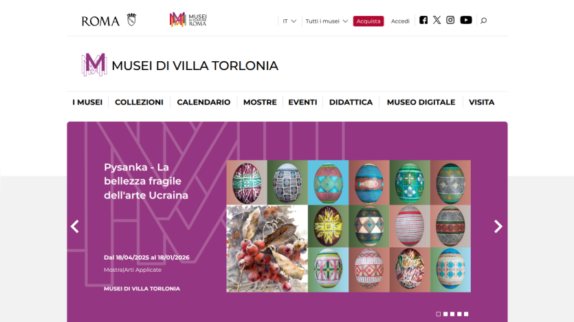 Musei di Villa Torlonia website showing an exhibition on fragile Ukrainian art from April 2025 to January 2026 with decorated eggs and artwork images
