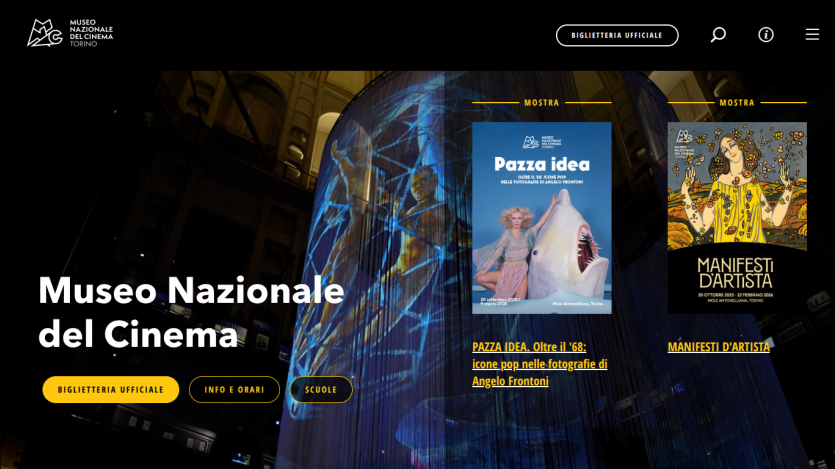 Museo Nazionale del Cinema homepage with event promotions and navigation menu