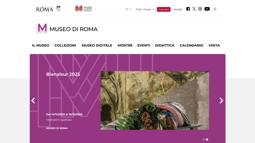 Museo di Roma website with navigation and Bienalsur 2025 exhibition announcement from Nov 14 to Dec 15, 2025.
