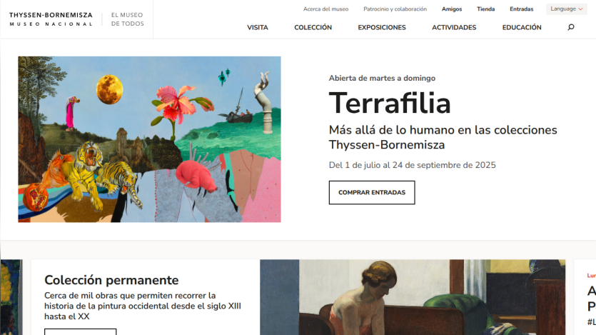 Homepage of Thyssen-Bornemisza Museum featuring the exhibition 'Terrafilia'.