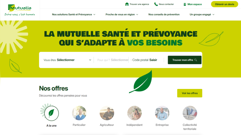 Health and insurance mutual website with navigation, search form, and offers for different customer types
