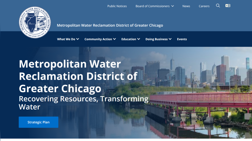Metropolitan Water Reclamation District of Greater Chicago homepage with navigation and a cityscape background highlighting water resource recovery