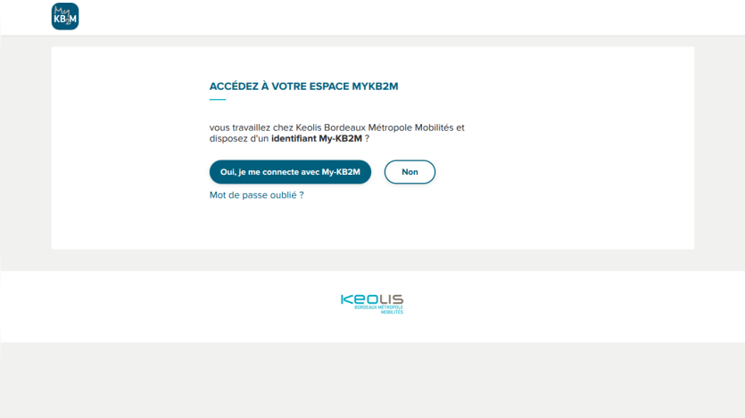 Login page for Keolis Bordeaux Métropole Mobilités employees to access My-KB2M space with connection options