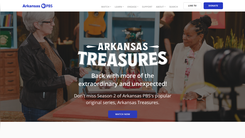 Arkansas PBS promotes Season 2 of Arkansas Treasures with a call to watch now and navigation options visible