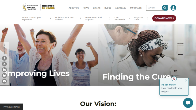 International Myeloma Foundation homepage with navigation, images of people and lab, and vision statement