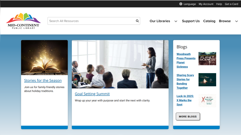 Mid-Continent Public Library homepage with search bar, event highlights, and blog links