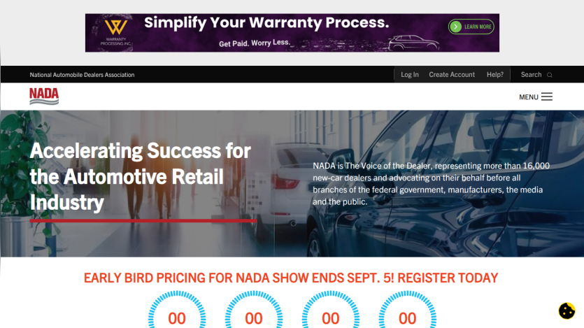 NADA website promoting automotive retail industry success with early bird pricing countdown.