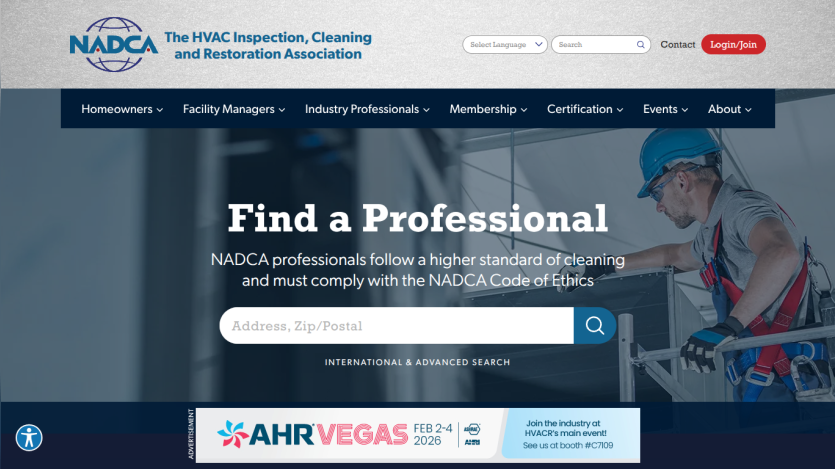NADCA homepage with navigation menu and search bar to find HVAC cleaning professionals