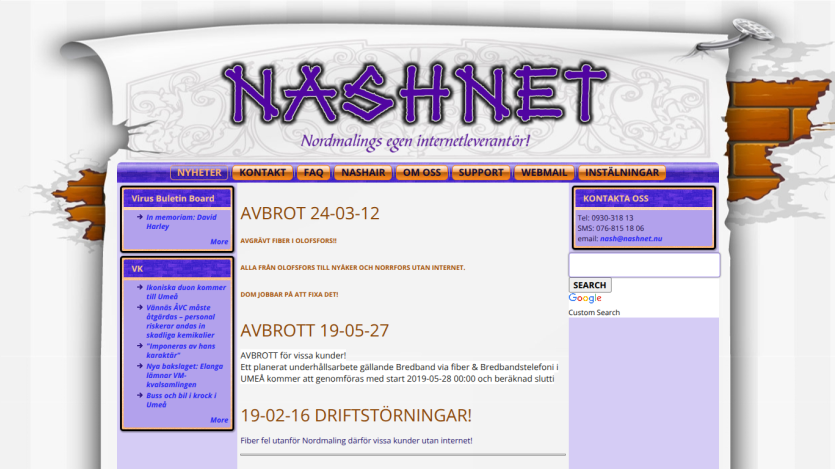 Nashnet homepage with navigation tabs and notices about internet service interruptions and contact information