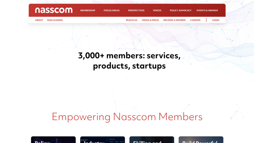 Homepage of Nasscom showcasing membership details and services offered.