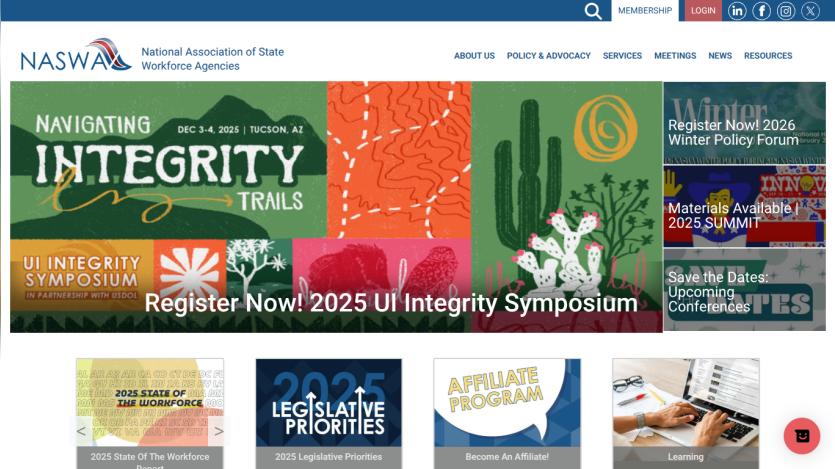 NASWA homepage featuring 2025 UI Integrity Symposium registration and links to policy, services, meetings, and resources