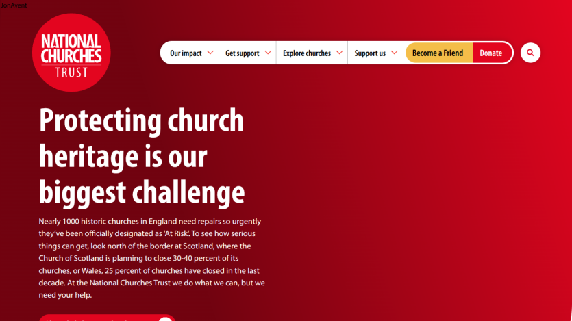 National Churches Trust homepage highlighting the challenge of protecting church heritage with support options and donation call to action